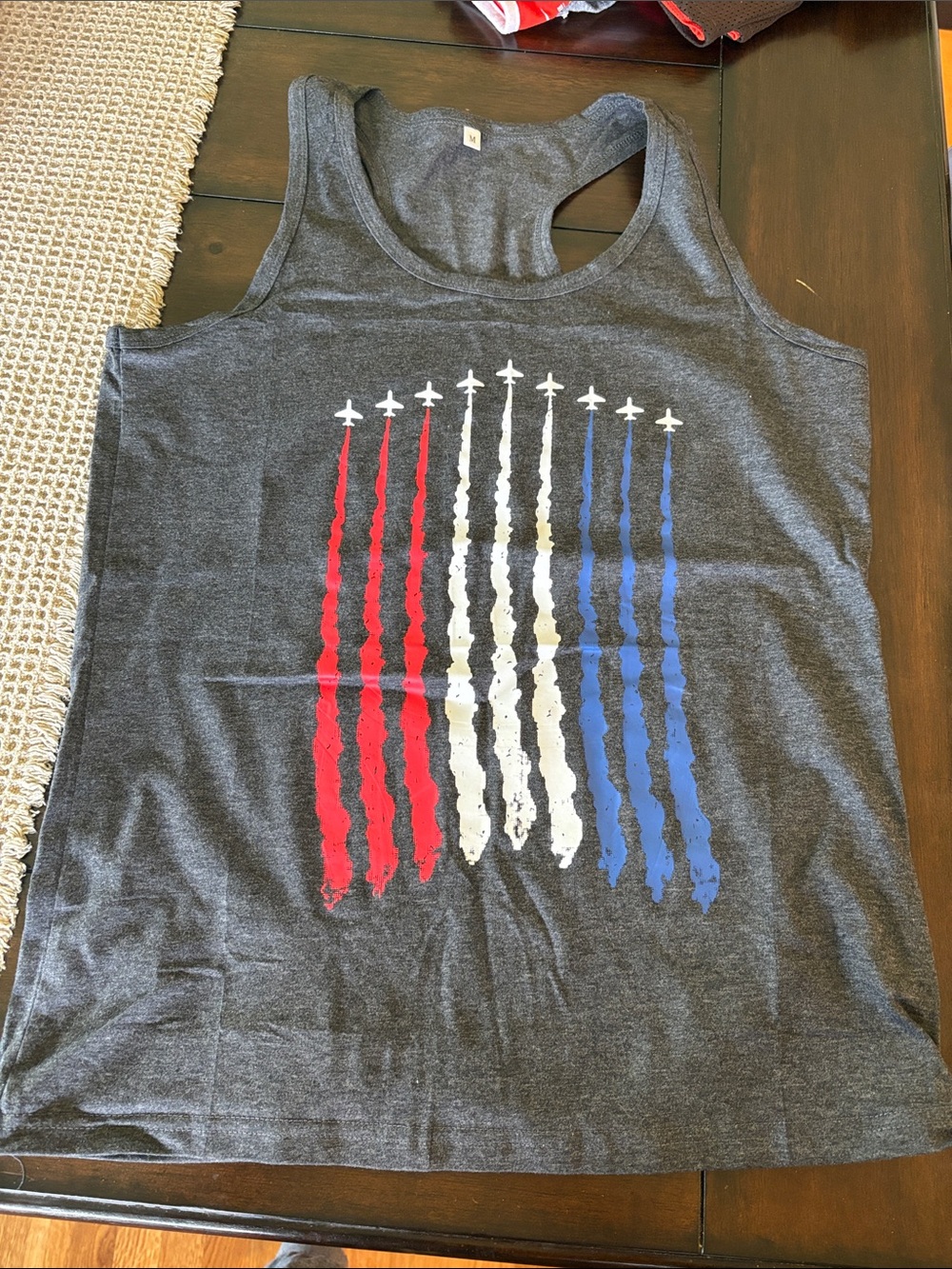Charcoal Graphic Tank with Red White and Blue Plane Trails